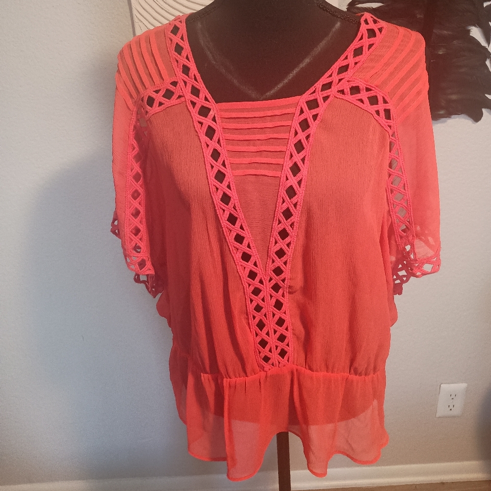 Chicos Salmon Sheer Peasant Top